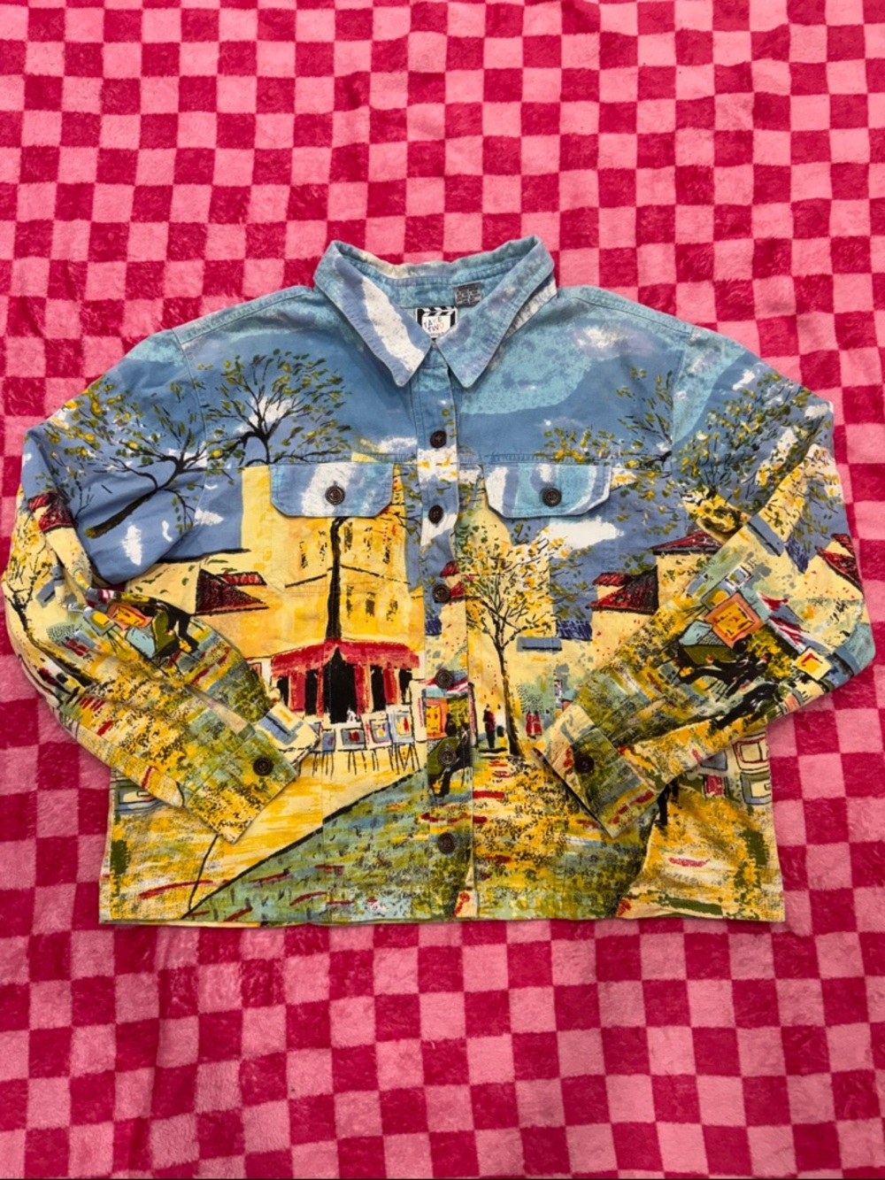 Artistic Blue & Yellow Painted Button-Down Shirt Jacket